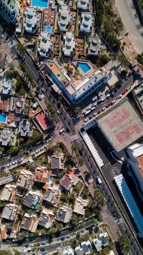 Aerial view of a resort and surrounding streets