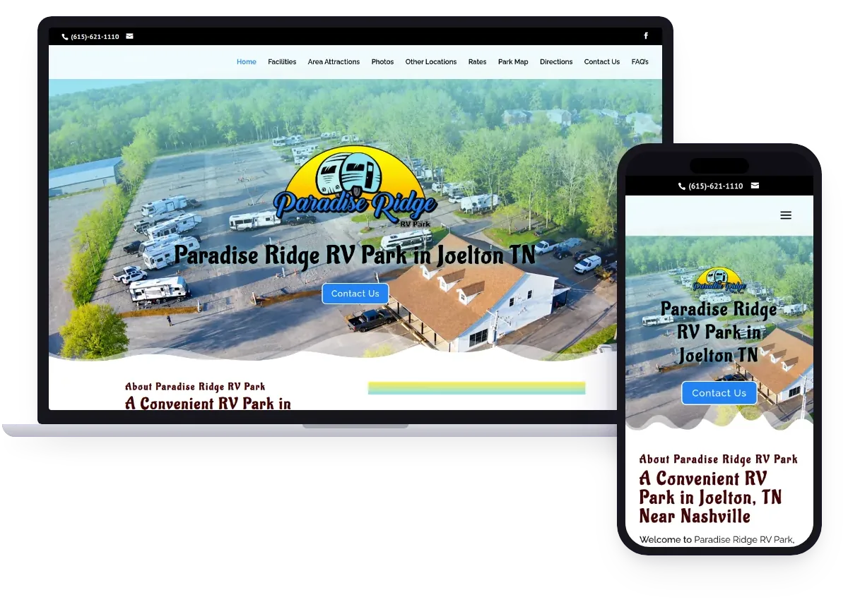 RV park website design example: the Paradise Ridge RV Park website on a laptop and phone